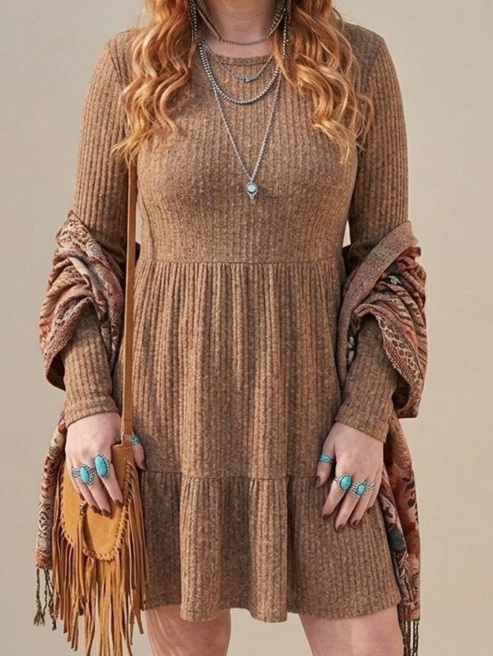 BRAND NEW Heathered Taupe, Mocha Brown Ribbed Long Sleeve Flounce Dress - Picture 2 of 10